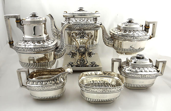 Gorham 6 piece sterling silver tea set with kettle on stand