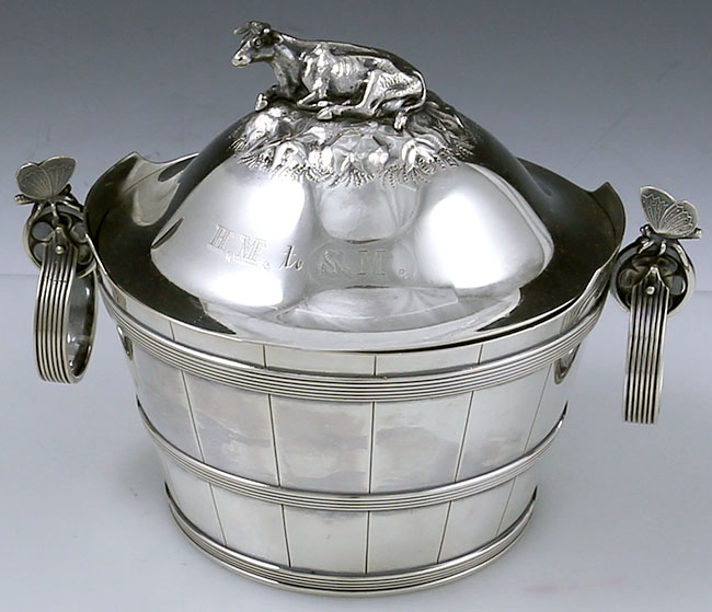 Gorham sterling barrel shaped butter dish with cow finial and butterflies