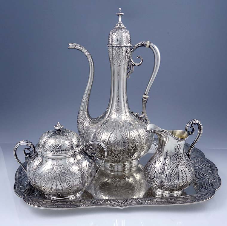 Gorham Persian style antique sterling silver coffee set on tray