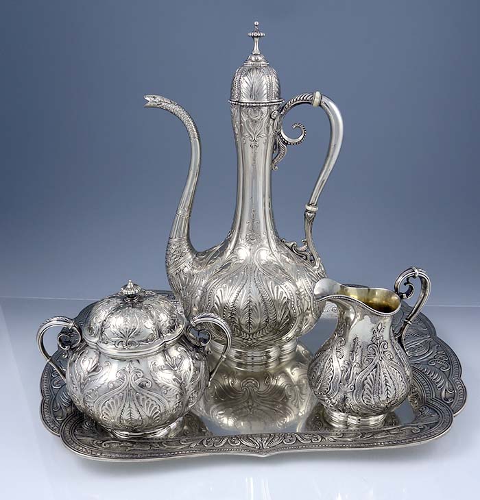 Gorham Persian style antique sterling silver coffee set on tray