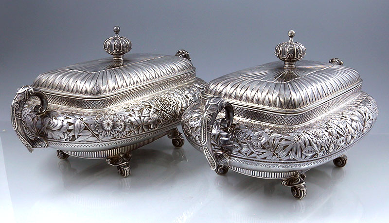 pair of Gorham hand chased  antique sterling silver tureens