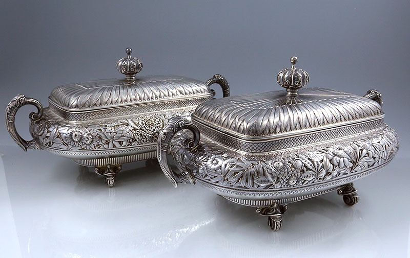 pair of Gorham hand chased  antique sterling silver tureens