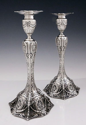 French Border antique sterling silver candlesticks