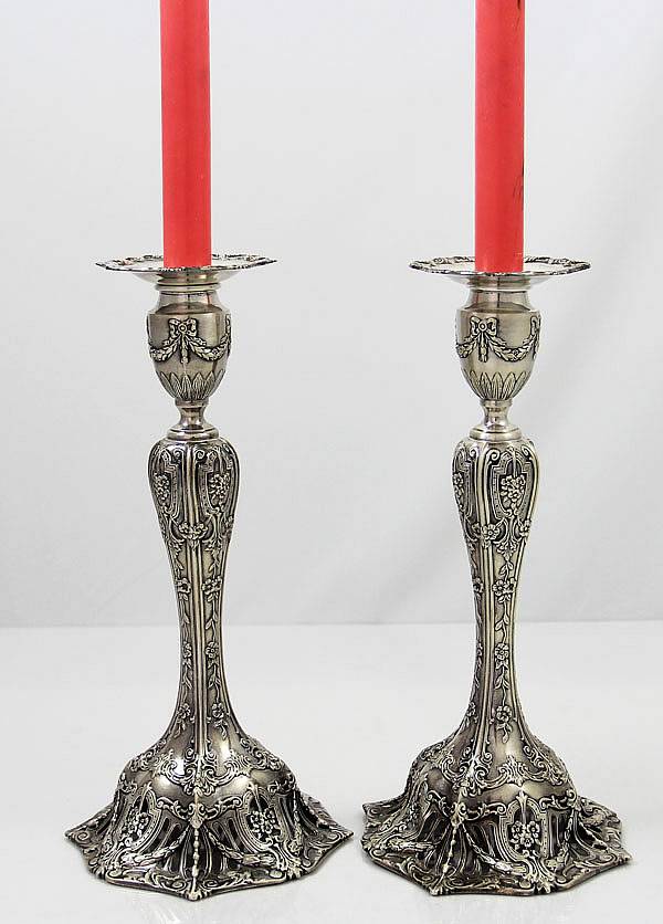 pair of antique Graff Washbourne and Dunn French Border pattern sterling candlesticks