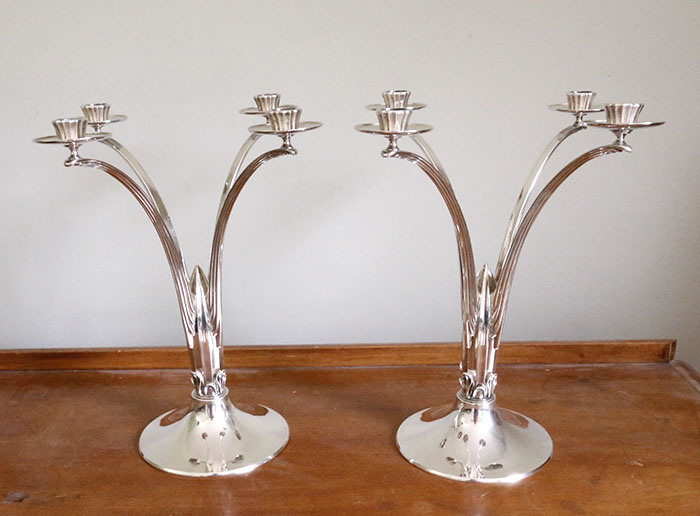 pair of modernist sterling silver atomic candelabra by Hawksley