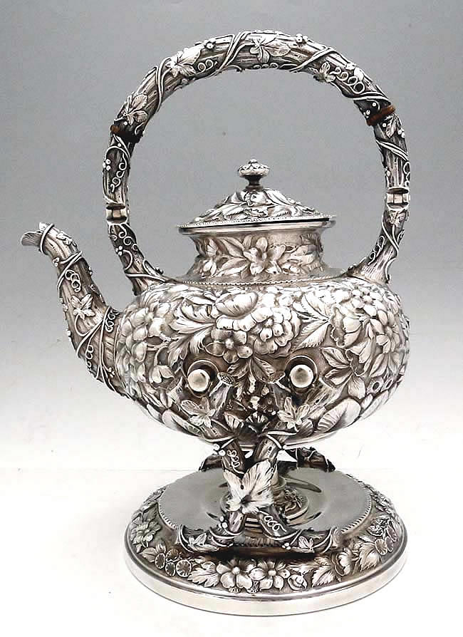 American silver repoousse sterling kettle on stand