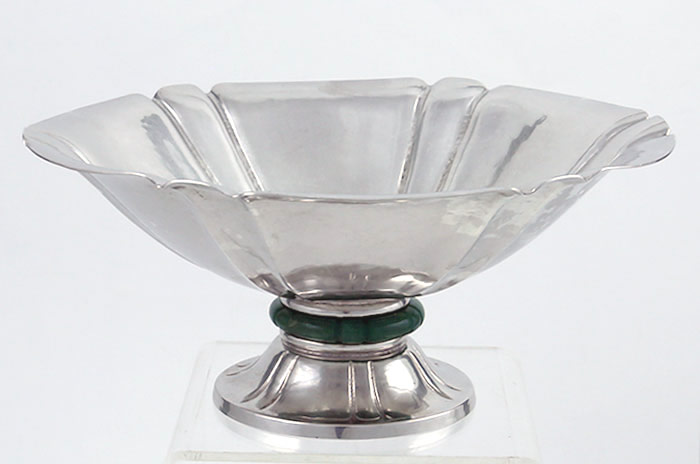 International modernist sterling bowl with green stone 