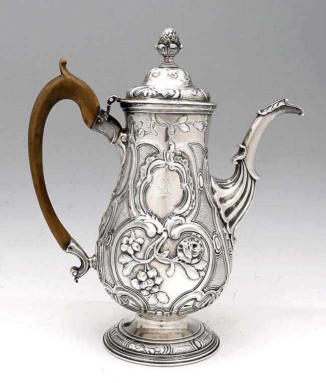 Irish silver antique later chased coffee pot maker IW Dublin