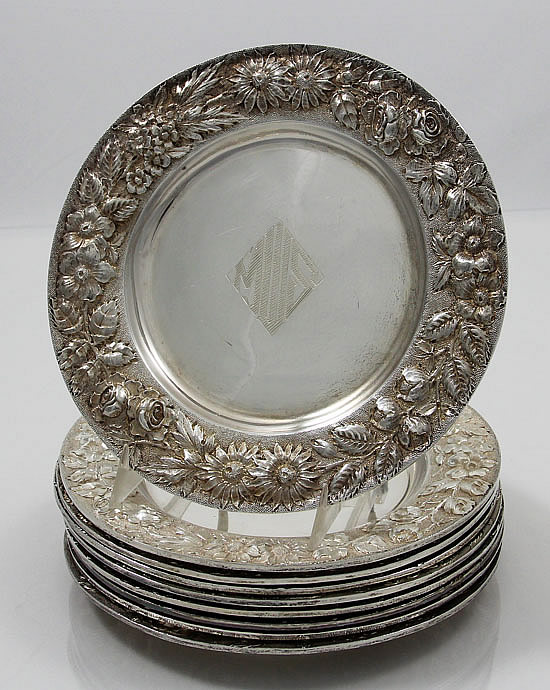 set of antique sterling repousse dessert plates by Jacobi and Jenkins of Baltimore Maryland