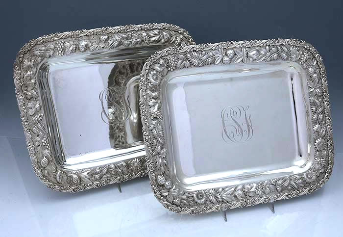 Jacobi and Jenkins pair of square sterling silver chased repousse trays