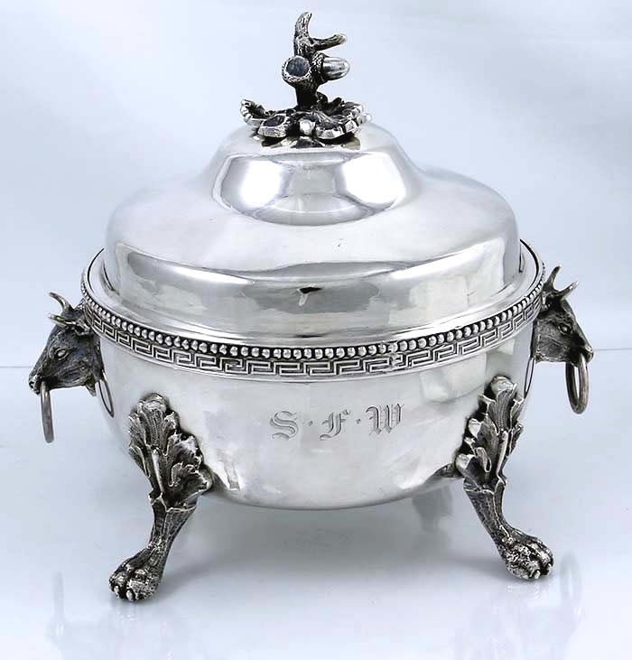 Jones Shreve Brown & Co Boston coin silver butter dish with bull's heads