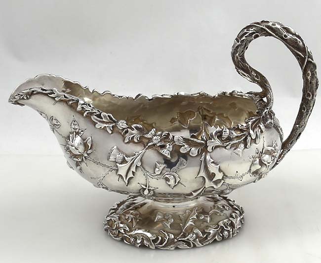 Kirk antique sterling sauceboat with chased thistles and roses