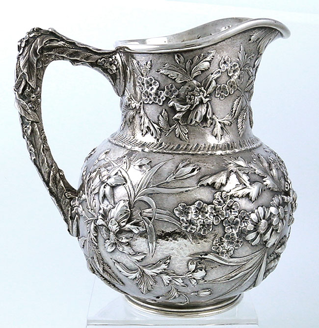 S Kirk and Son Co antique sterling silver pitcher hand chased repousse