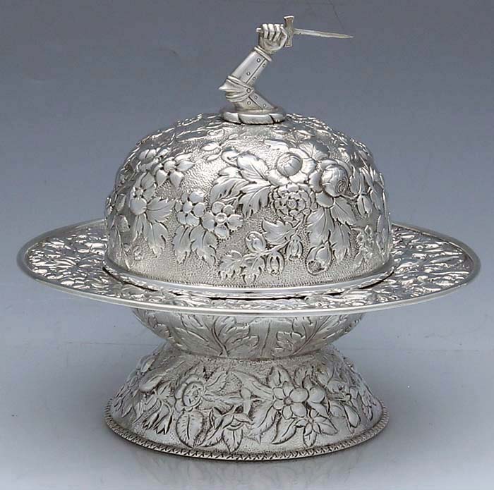 Kirk repousse sterling butter dish with liner and arm and sword finial