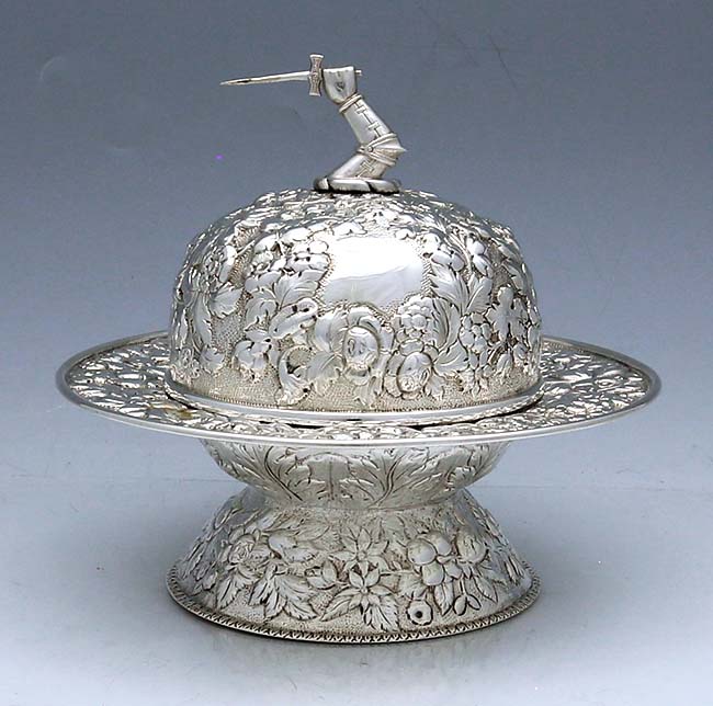Kirk repousse sterling butter dish with liner and arm and sword finial