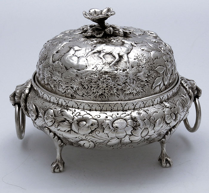 S Kirk & Son 11 ounce silver butter dish chased with stags and lion handle