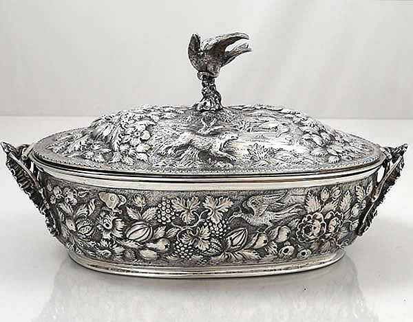 Kirk 11 ounce antique silver casserole dish with bird finial and original liner marked Kirk 11 ounce