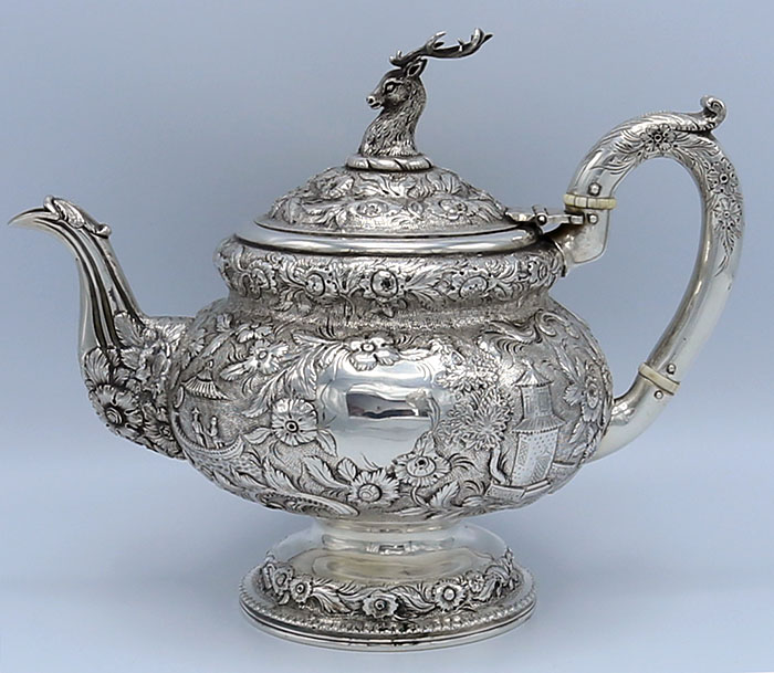 Kirk 11 ounce silver teapot landscape with stag finial