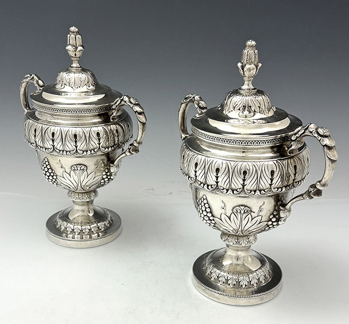pair of antique sterling silver covered cups with two handles