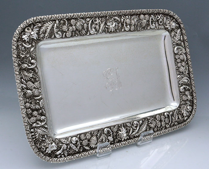Large Kirk repousse 11 ounce silver rectangular trays matching pair