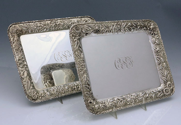 Pair of S Kirk antique sterling sandwich trays repousse