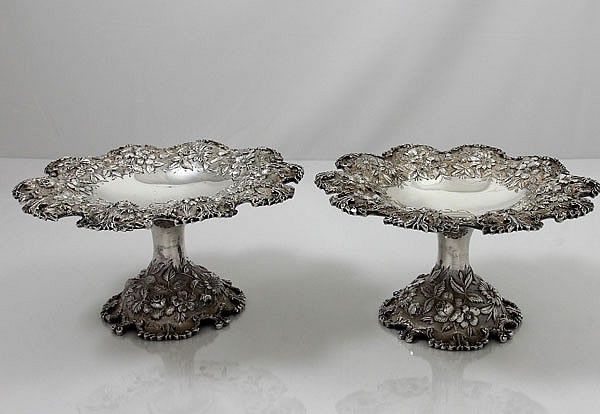 Antique pair of sterling repousse tazzas by S Kirk and Son