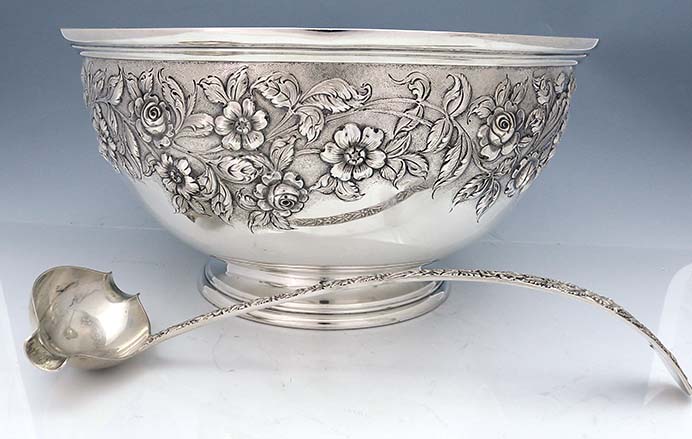 Kirk repousse sterling punch bowl and punch ladle