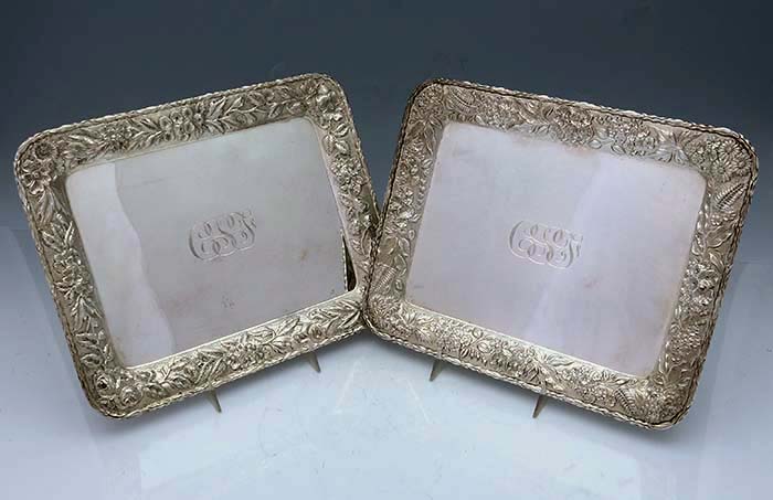 Pair of S Kirk antique sterling sandwich trays repousse