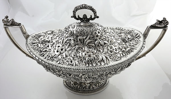Kirk repousse 11 oz tureen with classical maiden