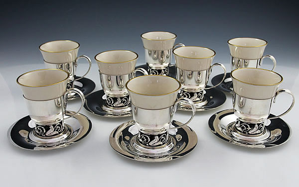 La Paglia sterling silver coffee cups set of eight with porcelain liners