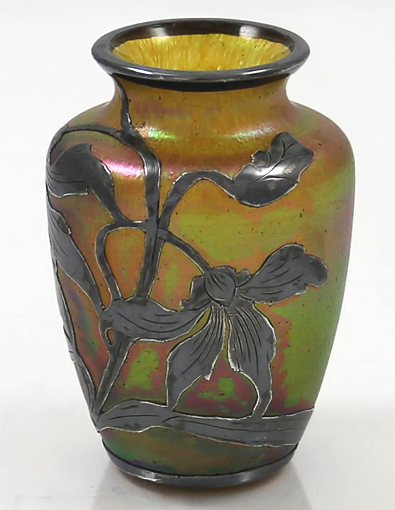 Loetz glass and overlay silver vase