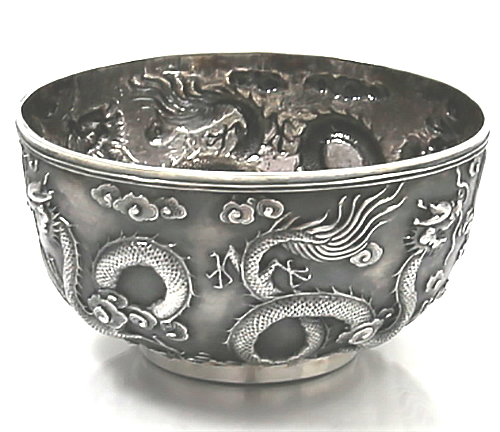 Luen Wo antique silver Chinese bowl with chased dragons and clouds