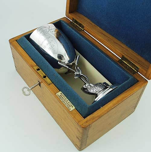 Mappin and Webb English silver goblet in the original oak fitted box with key