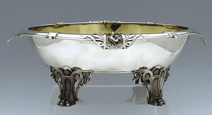 Peter Krider sterling bowl with applied rooster and paw feet