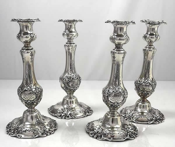 Reed and Barton set of four antique sterling Francis 1st candlesticks with ornate monograms number 570A