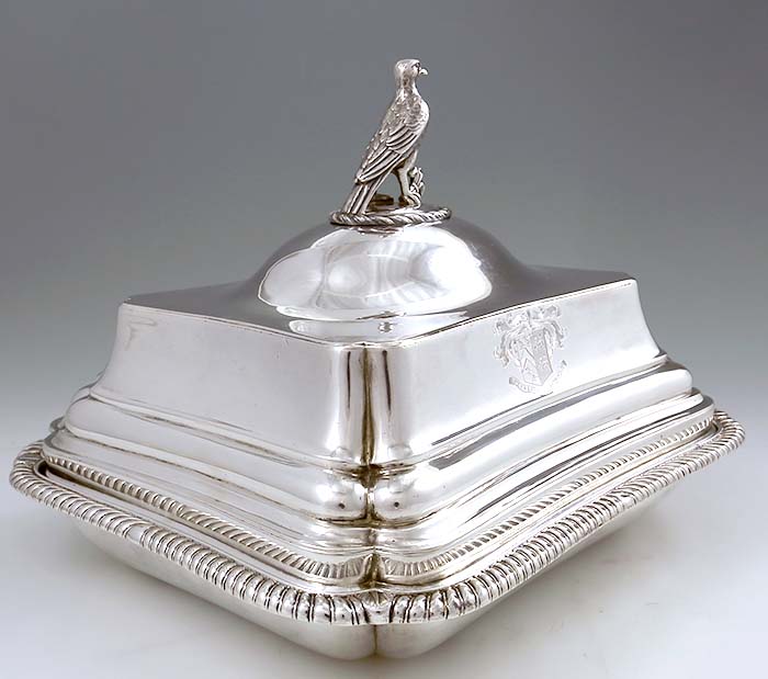 English silver covered entreee dish by Richard Cook with bird finial and crest
