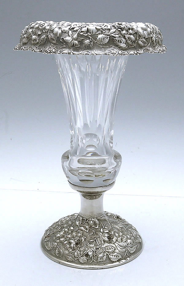 Stieff repousse sterling and glass vase