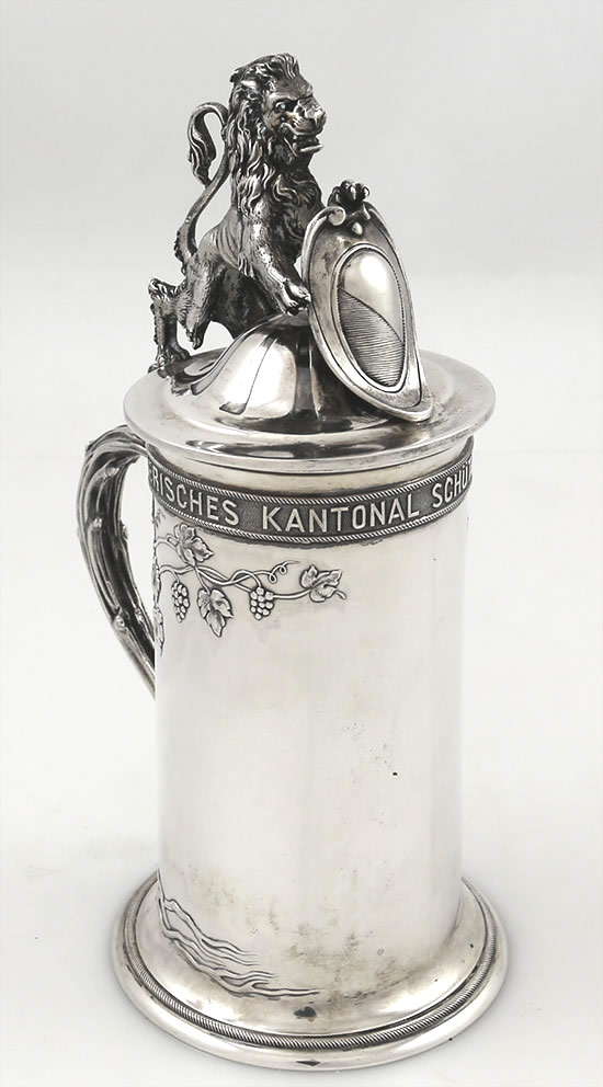 Swiss silver covered tankard with standing lion