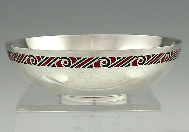 Tiffany Art Deco sterling 6 1/2" bowl with red and black enamel band