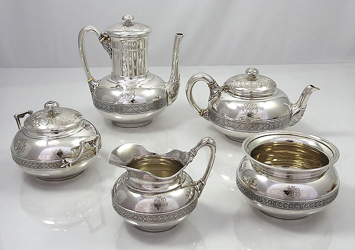 Tiffany sterling five piece tea set in the Mooresque style