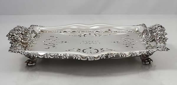 Tiffany antique sterling asparagus tray with pierced liner and paw feet