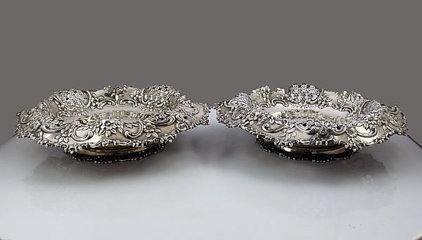 pair of Tiffany antique sterling silver compotes with chased and pierced decoration