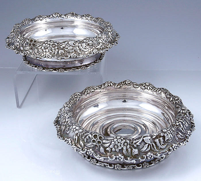 pair of Tiffany and Company silver soldered wine bottle coasters