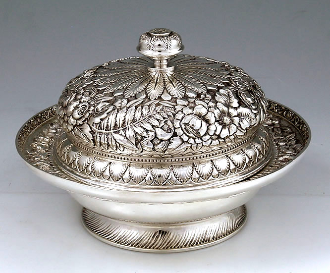 Tiffany antique sterling repousse butter dish with liner circa 1880
