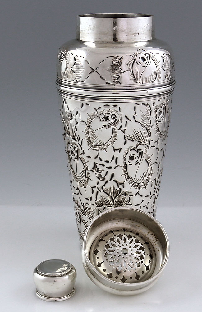 Large Tiffany sterling silver cocktail shaker with  chased roses