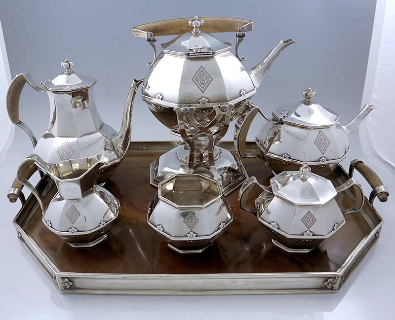 Towle Deco sterling silver teaset with wood insert.