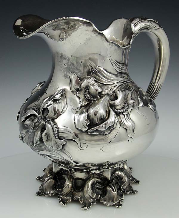 Art nouveau sterling pitcher by Theodore B Starr with irises
