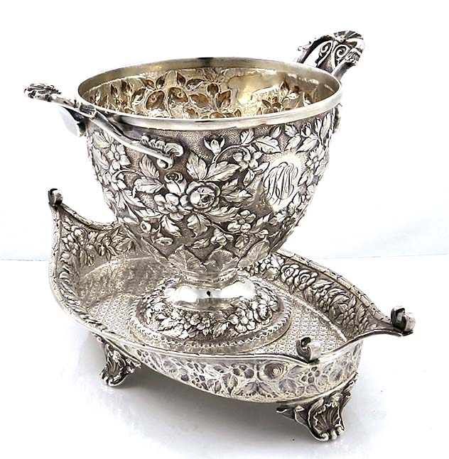Warner 11 oz coin silver repousse condiment dish with fixed under tray