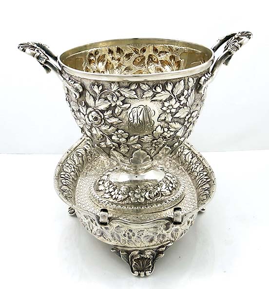 Warner 11 oz coin silver repousse condiment dish with fixed under tray