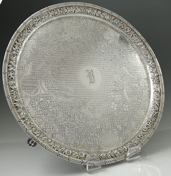 Warner of Baltimore coin silver repousse and floral huge salver